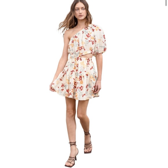 moon river floral print one shoulder side cut-out shirred mini dress size small - Picture 9 of 9